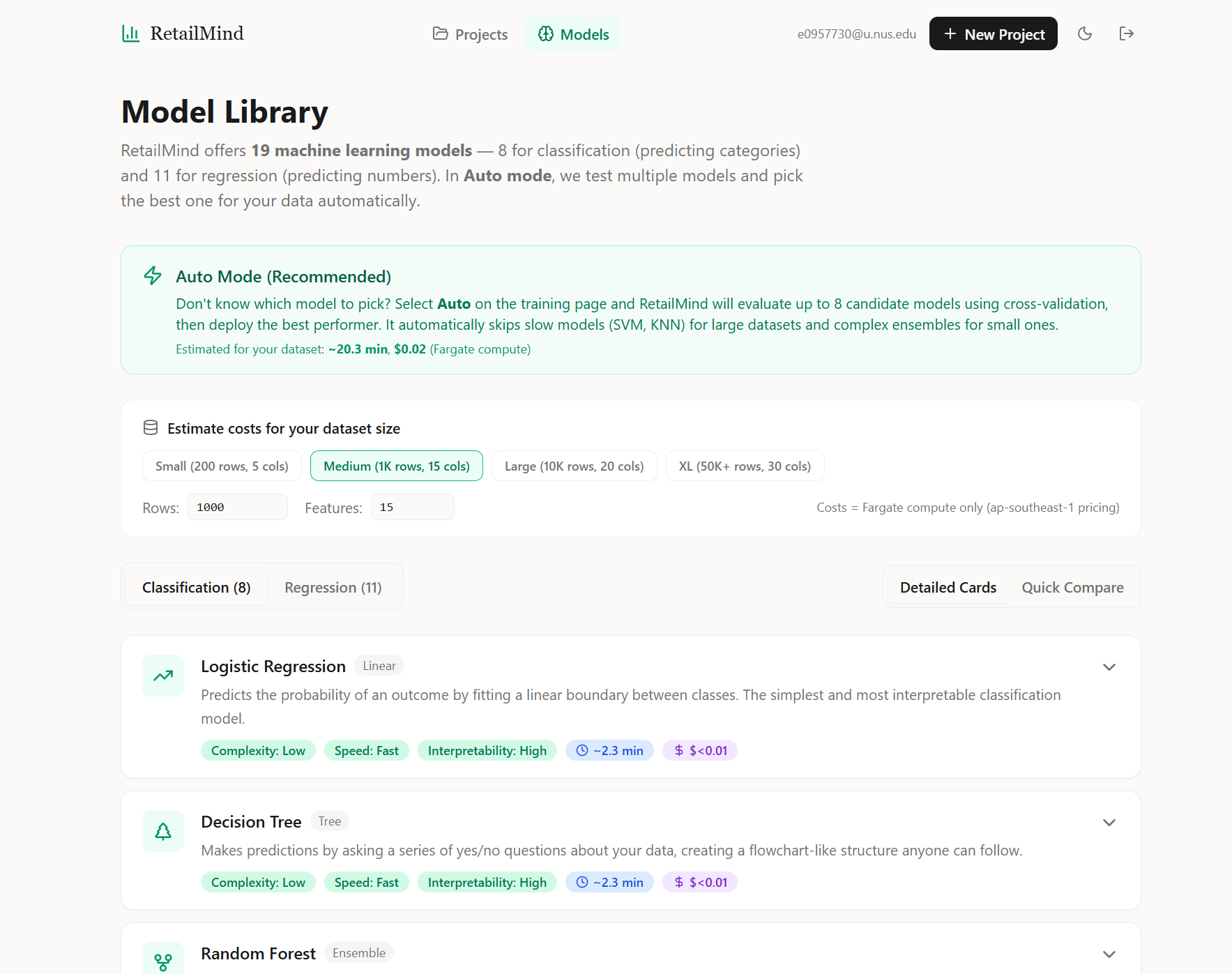 The Model Library page showing the 19-model catalog with auto mode and per-model cards