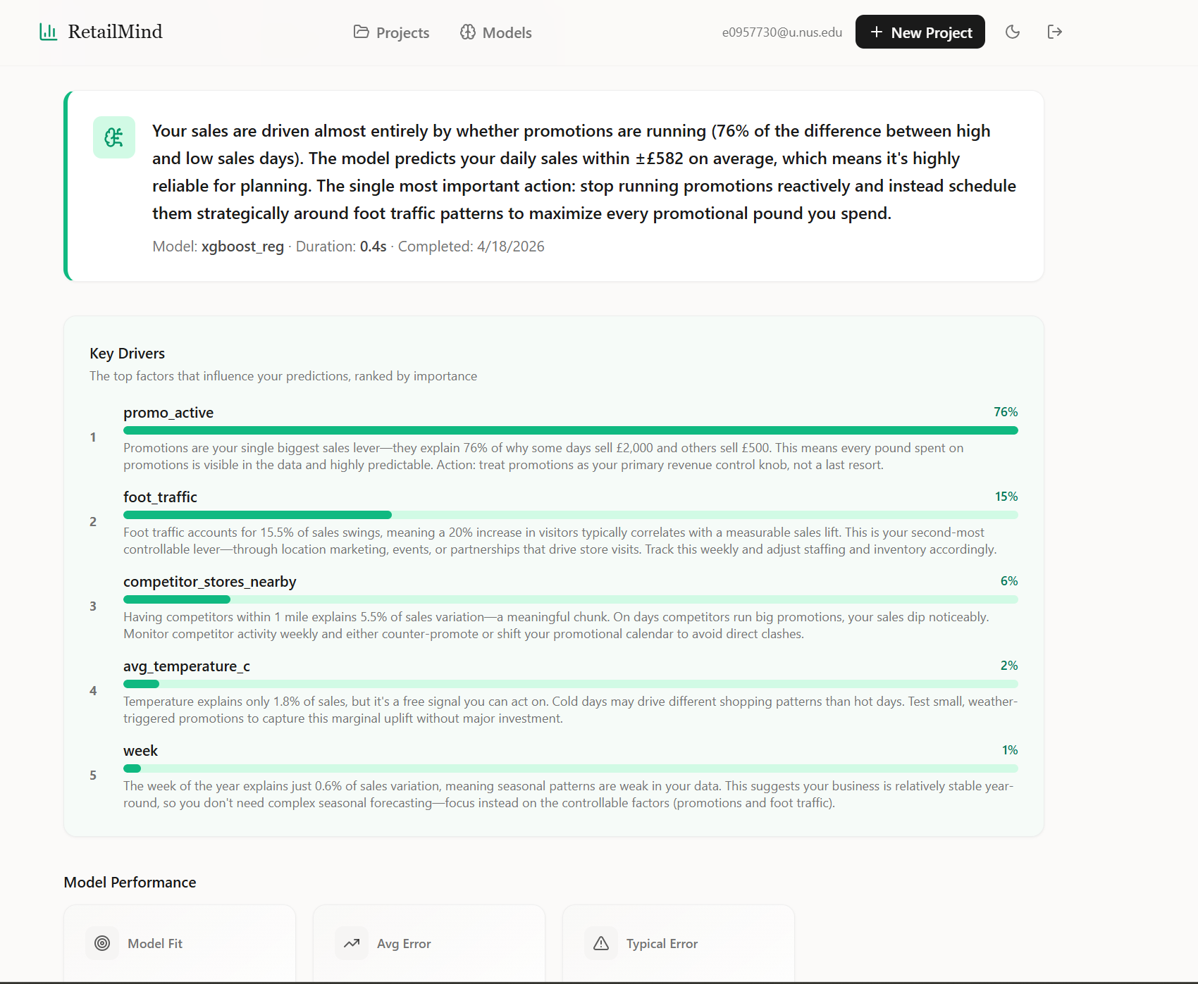 Post-training results page with Bedrock-generated business insights and feature importance