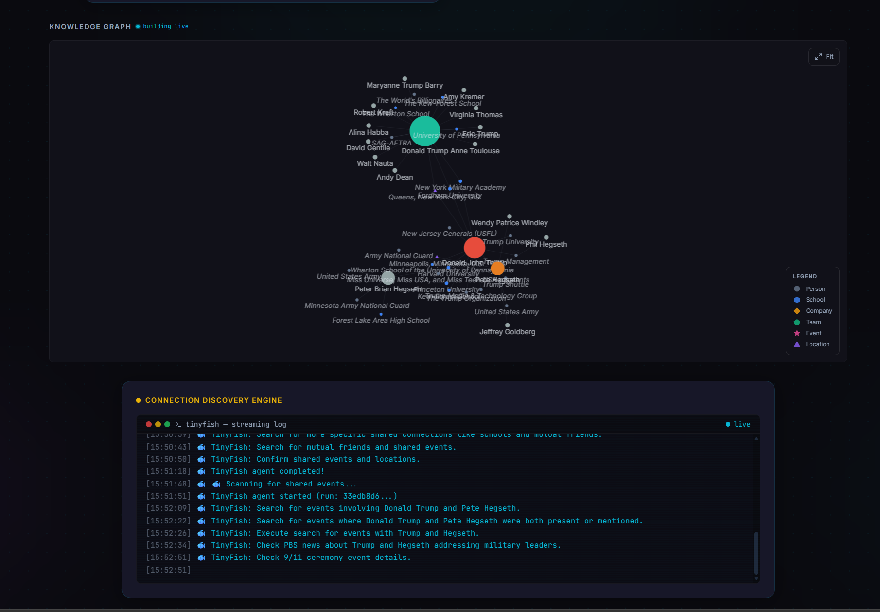 Live knowledge-graph build with the connection-discovery engine streaming logs