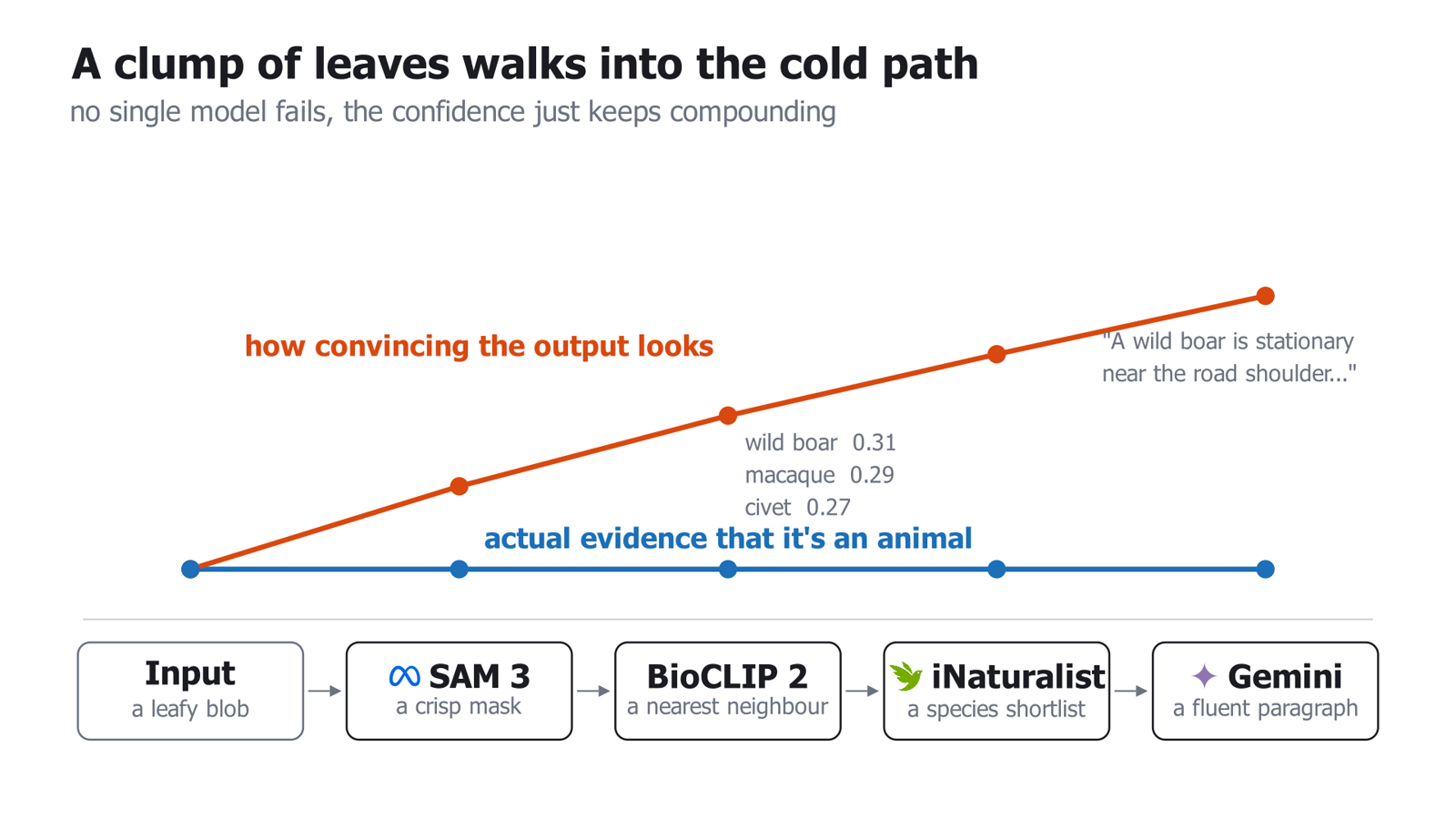 A clump of leaves gains confidence at every stage of the pipeline while the evidence stays flat